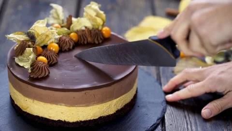 Chocolate mousse cake cutting triangle shape. Stock Footage 211023769