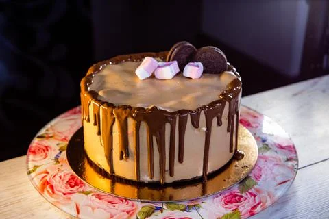 Chocolate mousse cake with marshmallows Stock Photos