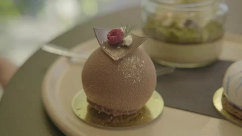 Chocolate Mousse Dessert with Garnish Served in Modern Sydney Cafe Stock Footage 345810744