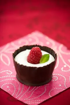 Chocolate mousse with raspberry Stock Photos