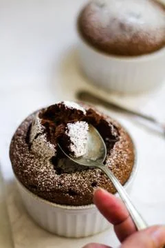 Chocolate mousse on tiny cups and marble background Stock Photos