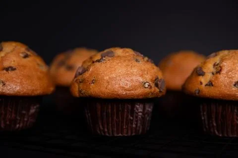 Chocolate muffins on a black background. Stock Photos