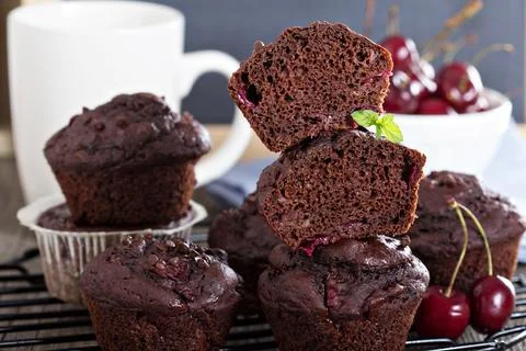 Chocolate muffins with cherry Stock Photos
