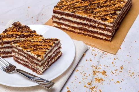 Chocolate nut cake on a light background 写真素材