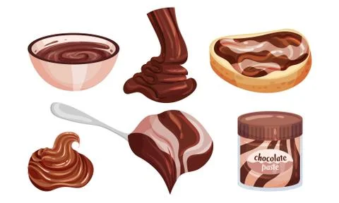 Chocolate Paste in Bowl and Spreaded on Bread Vector Set Stock Illustration