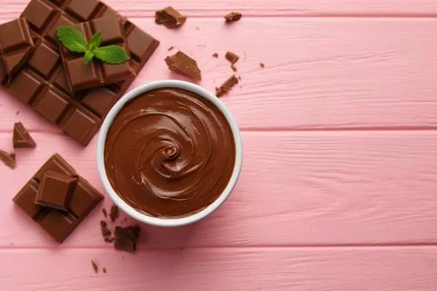 Chocolate paste with a bowl on a table. Stock Photos