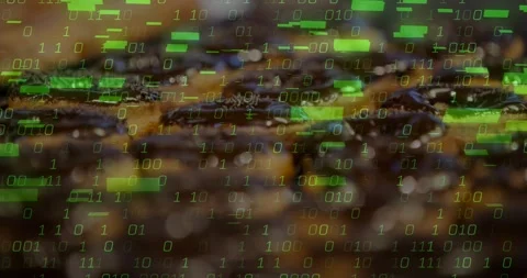 Chocolate pastries staying static while green binary code fading in then rising, Stock Footage 323272500