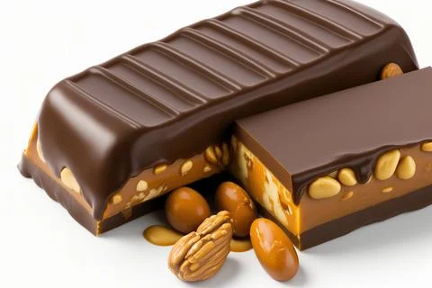 Chocolate, peanut, and caramel bar in closeup, isolated on white with clipping Stock Illustration