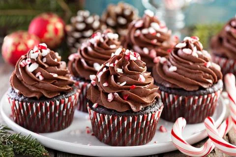 Chocolate peppermint cupcakes with candy cane Stock Photos