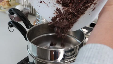 Chocolate Pieces into Double Boiler Stock Footage 200969678