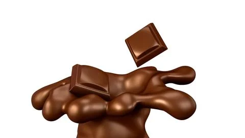Chocolate pieces falling on chocolate splash 3d illustration Stock Illustration