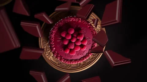 Chocolate pieces spiraling and falling on top of a raspberry cake slow motion Stock Footage 258499832