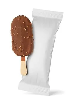 Chocolate popsicle with nuts and clean package isolated. 3D rendering and p.. Stock Illustration