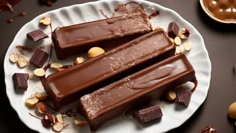 Chocolate popsicles with hazelnuts served with melted chocolate on a white .. Stock Footage 239110671