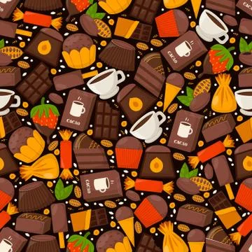 Chocolate product pattern, cacao, coffe and cupcake, vector illustration. Sweets Stock Illustration