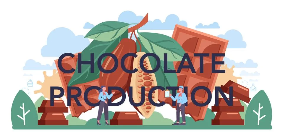 Chocolate production typographic header. Delicious pastry food 스톡 일러스트