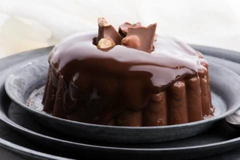 Chocolate pudding with chocolate dressing on a plate Stock Photos