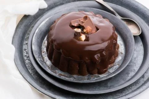 Chocolate pudding with chocolate dressing on a plate Stock Photos