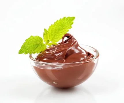 Chocolate pudding with mint leaf garnish in bowl Stock Photos