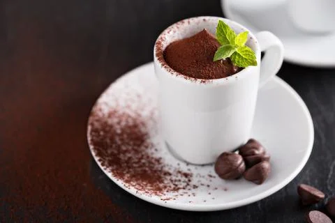 Chocolate pudding in small cups Stock Photos
