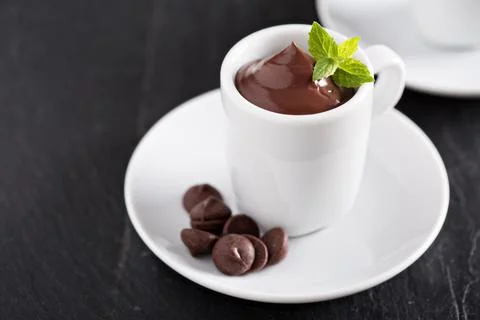 Chocolate pudding in small cups Stock Photos