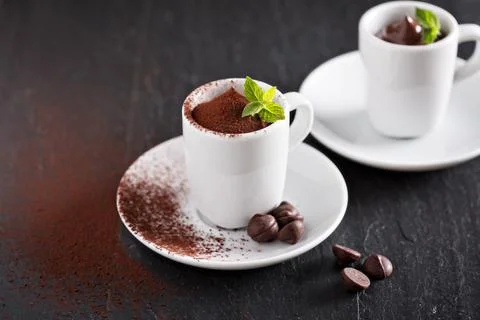 Chocolate pudding in small cups Stock Photos