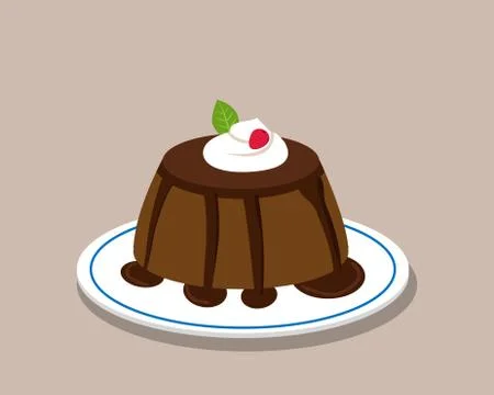 Chocolate pudding on white plate, vector Stock Illustration