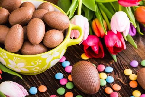 Chocolate rabbit, easter eggs and tulips Stock Photos