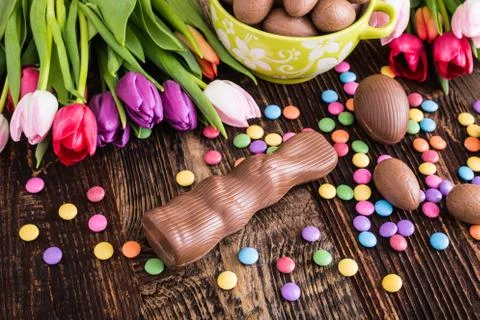 Chocolate rabbit, easter eggs and tulips Stock Photos