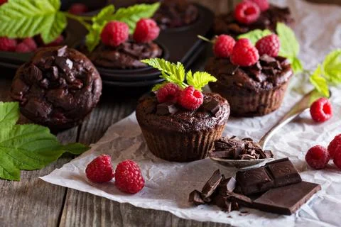 Chocolate raspberry yogurt muffins Stock Photos