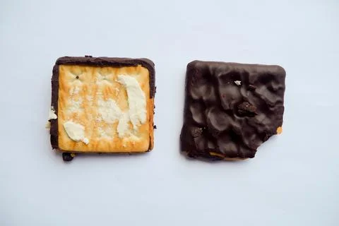 Chocolate rectangular biscuits. chocolate crackers. close-up photo. flat lay 스톡 사진