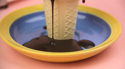 Chocolate Sauce Dripping Down Ice Cream Cone Stock Footage 46948452