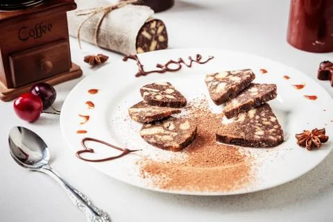 Chocolate sausage on the table Stock Photos