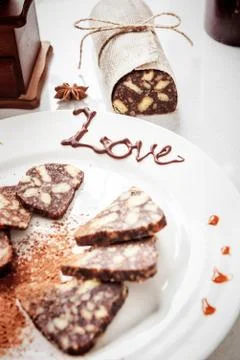 Chocolate sausage on the table Stock Photos
