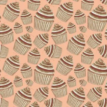 Chocolate seamless cupcake pattern with cherries on beige background, stylish Stock Illustration