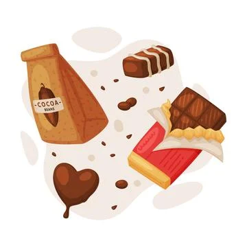 Chocolate set. Chocolate bar in opened wrap, paper bag packaging and candy 스톡 일러스트
