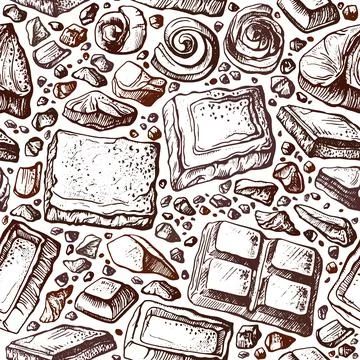 Chocolate set. Vector seamless hand draw pattern. Natural dark cocoa food. Sw Stock Illustration