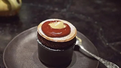 Chocolate Soufflé with Billy Tea Ice Cream Stock Footage 314347406