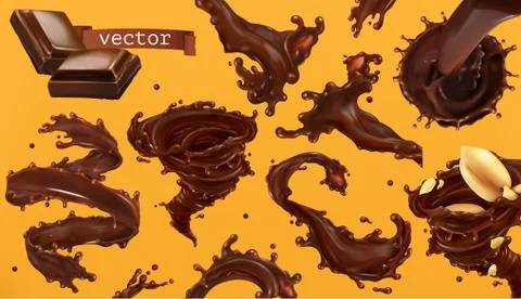 Chocolate splash. 3d realistic vector icon set Stock Illustration