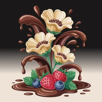 Chocolate Splash Floral Dessert Composition Vector Illustration Stock Illustration