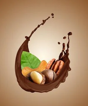 Chocolate splash with nuts on brown gradient background Stock Photos