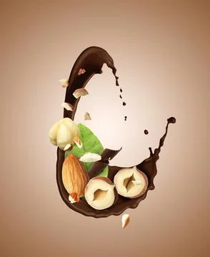Chocolate splash with nuts on brown gradient background Stock Photos