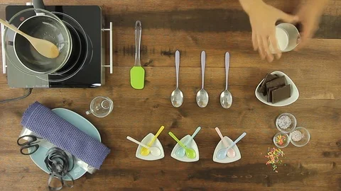 Chocolate Spoons Chef melted chocolate bar in Bain marie Gift Ideas Stock Footage 73548778