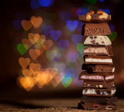 Chocolate stack on colorful bokeh background Foto stock