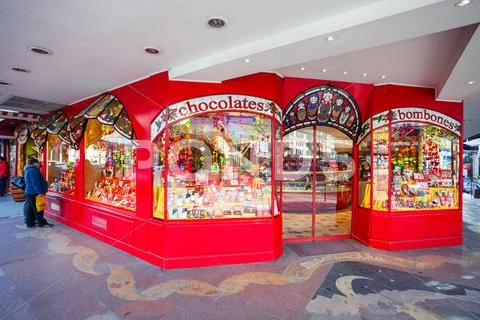 Chocolate store showcase, Bariloche Stock Photos