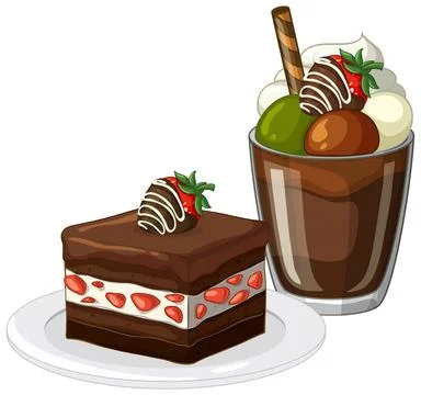 Chocolate Strawberry Layer Cake and Matcha Parfait Dessert Illustration 스톡 일러스트