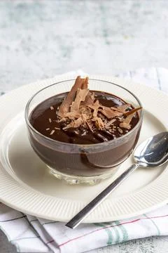 Chocolate supangle. Pudding dessert on gray background. close up Stock Photos