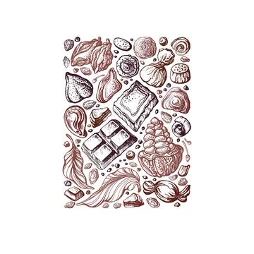 Chocolate sweets, cocoa beans. Vector drawn print Illustrazione stock