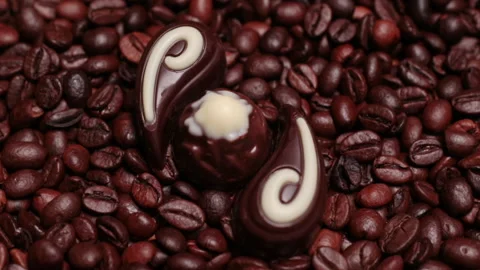 Chocolate sweets on coffee beans close-up Stock Footage 165840860