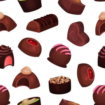 Chocolate sweets seamless pattern. Tasty sweet dessert background, wallpaper 스톡 일러스트